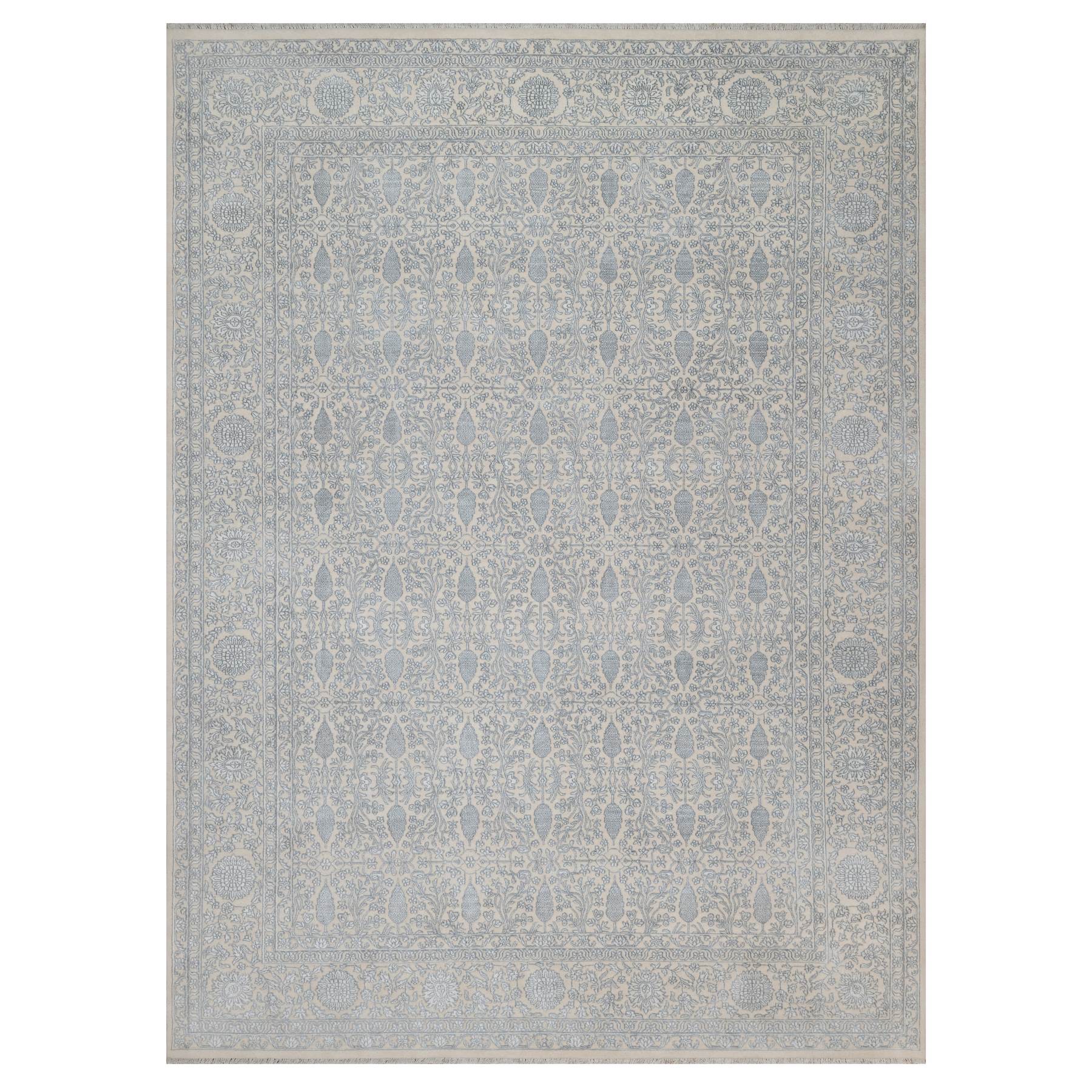 Chiffon White, Light Tone on Tone with Persian Design with Repetitive Floral Motifs, Wool and Plant Based Silk, Thick and Plush, 200 KPSI, Hand Knotted, Oriental Rug